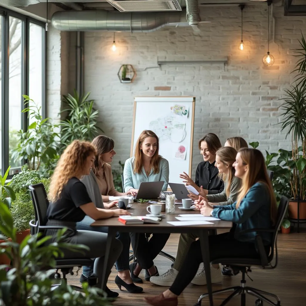 Équipe de coachs professionnels collaborant dans un espace de travail créatif